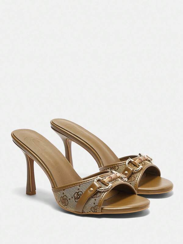 CUCCOO CURVES Brązowe, skórzane, złote, vintage'owe, modne, szerokie, okrągłe, z noskiem, na wysokim obcasie