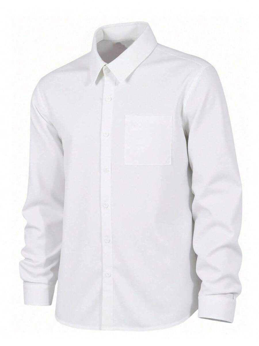 SHEIN Áo sơ mi trắng dáng suông đơn giản dành cho nam thiếu niên, phong cách thường ngày thoải mái và thời trang tối giản, chất liệu mềm mại, đa năng, phù hợp cho sinh hoạt hàng ngày, đi học, đi chơi, dự tiệc, các dịp trang trọng, kỳ nghỉ biển, mùa xuân/hè. Áo sơ mi trắng dài tay cổ bẻ, thích hợp cho mùa xuân/hè. - trắng - Xem 1