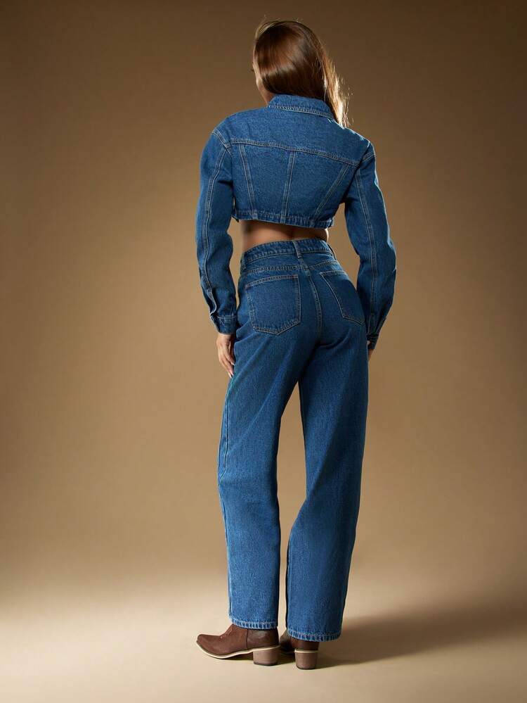 MISSGUIDED Cotton Retro Y2K Two Piece Crop Denim Jacket High Waist Wide Leg Jeans Set Festival Western Street Style Autumn Spring Pants Co-Ord