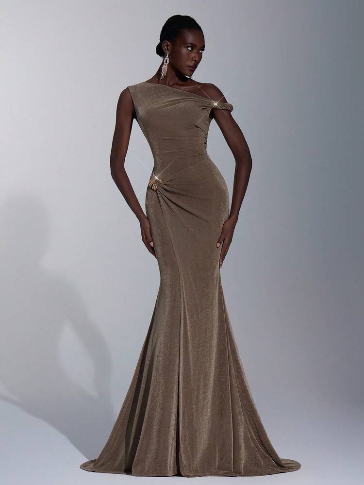Elitara Coffee Brown Spring Elegant Formal Sexy Evening Wedding Bridesmaid Dress, Knitted Stretchy Metal Buckle Twist Knot Fishtail Hem Minimalist Party Dress