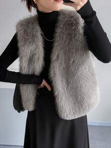 FRIFUL Women's Gray Solid Color Sleeveless Faux Fur Vest, Loose Casual Versatile Layering Faux Fur Jacket, Autumn