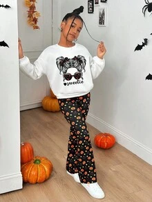 SHEIN 青少年女孩时尚休闲针织圆领运动衫和喇叭裤套装 - 亮橙色 - 查看 6