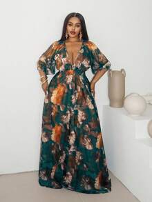 Maweii 大码优雅修身网眼花卉印花连衣裙，夏季 - 霧霾藍 - 查看 5