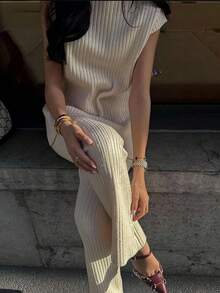 Poéselle 女士纯色高领短袖条纹针织休闲毛衣套装 - 杏色 - 查看 7