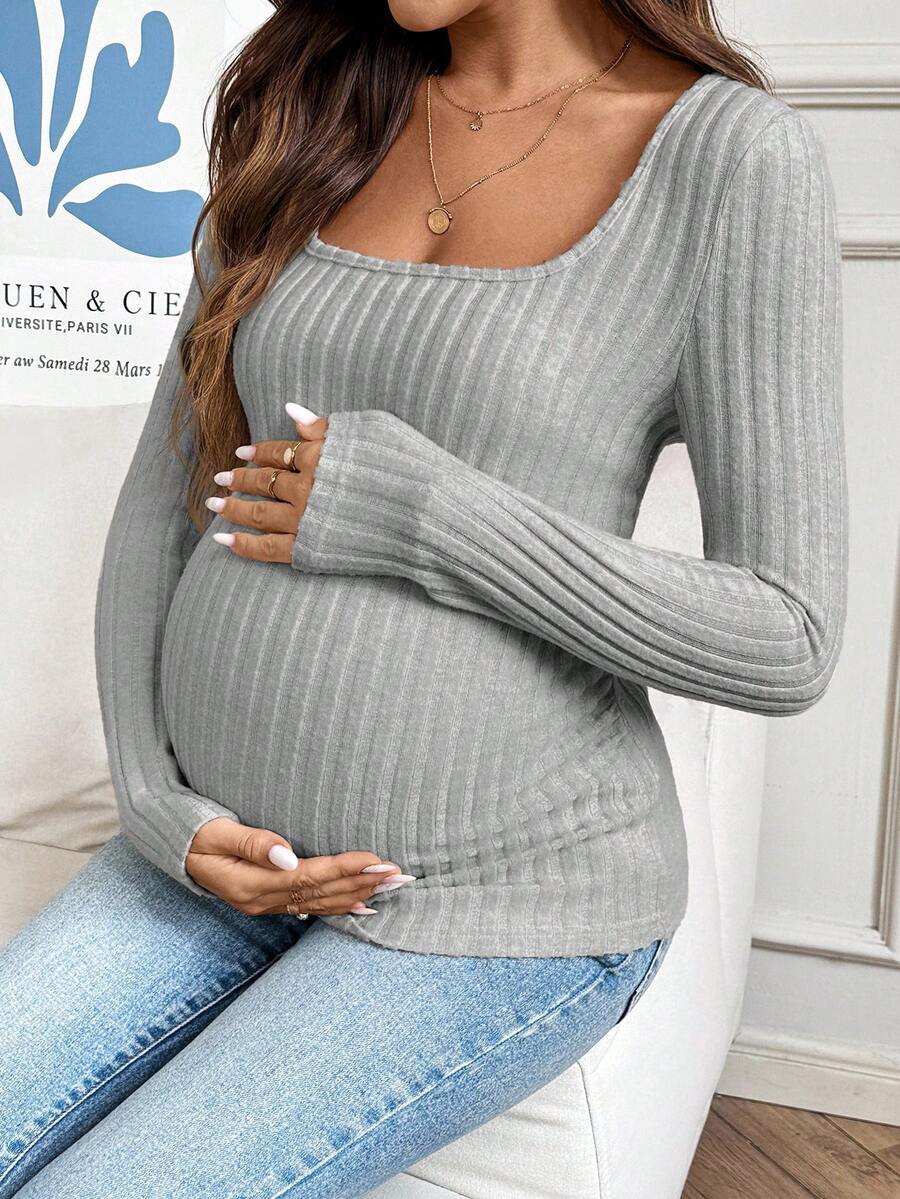 SHEIN Maternity Solid Color Minimalist Long Sleeve T-Shirt, Everyday Wear Fall - Light Grey - View 1