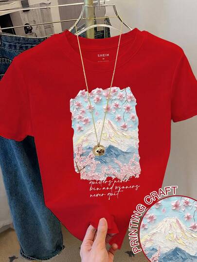 SHEIN Camiseta de cuello redondo de manga corta con estampado de letras y paisaje, versátil para el verano