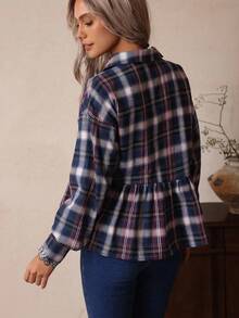 LanaWest Women's Multi-Color Plaid Traceable Fabric Lapel Button Single Pocket Design Loose Babydoll Hem Western Bohemian Casual Resort Style Street Fashion Thanksgiving Halloween Autumn/Winter New Essential Fashionable Long Sleeve Loose Thin Jacket - Multicolor - View 2