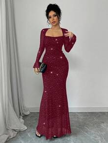 Rafferiza Đầm Maxi Dài Tay Xòe Xếp Ly Cổ Bất Đối Xứng Ôm Sát Thân Trước & Bên Hông Thanh Lịch Cho Nữ Màu Đen, Thu/Đông, Chất Liệu Vải Lưới Dệt Kim Jacquard Có Viền Bạc - Màu Đỏ Sâu - Xem 6