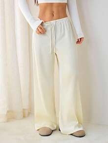 SHEIN PETITE 女士休闲亮面缎面低腰阔腿裤，适合简约休闲和通勤穿搭，春夏女装裤装，商务休闲女裤，女士正装裤，宽松裤，夏季下装，商务休闲阔腿女裤，机场女装穿搭 - 杏色 - 查看 9