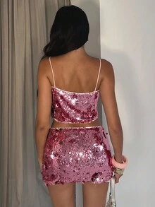 Glamine Glamine 女士亮片刺绣褶皱紧身迷你裙，生日礼物，外出穿着，可爱Y2K风格，夏末必备裙装 - 粉色 - 查看 6