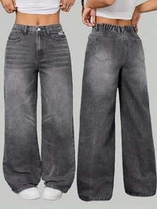 SHEIN Teen Girl Fashion Casual Y2k Vintage Cool Street Returns To School College Cut Out Ripped Frayed Design Street Grey Denim Ripped Loose Jeans Soft Dailywear Winter And Fall Rave Festival And Streetwear School - Grey - View 4