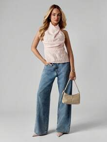 MISSGUIDED Halter Neck High Neck Lace Top For Evening Party Occasions With Cowl Draping - Pink - View 4
