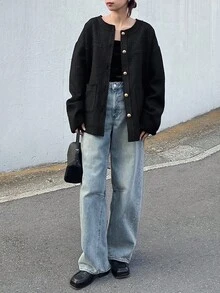 FRIFUL 女士针织混纺金属纽扣装饰圆领开衫，宽松优雅通勤常规外套，秋季黑色外套黑色开衫超大款外套短款外套黑色西装外套女式大衣