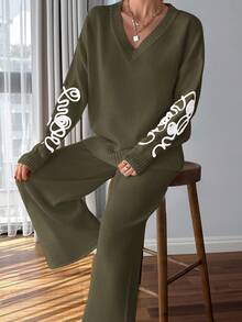 EURMUSE Women Pink Embroidery Detailed Sweater Set - Army Green - View 6