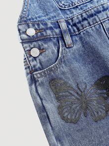 SHEIN Quần yếm denim xanh họa tiết hoa và bướm cho bé gái - Rửa nhẹ - Xem 5