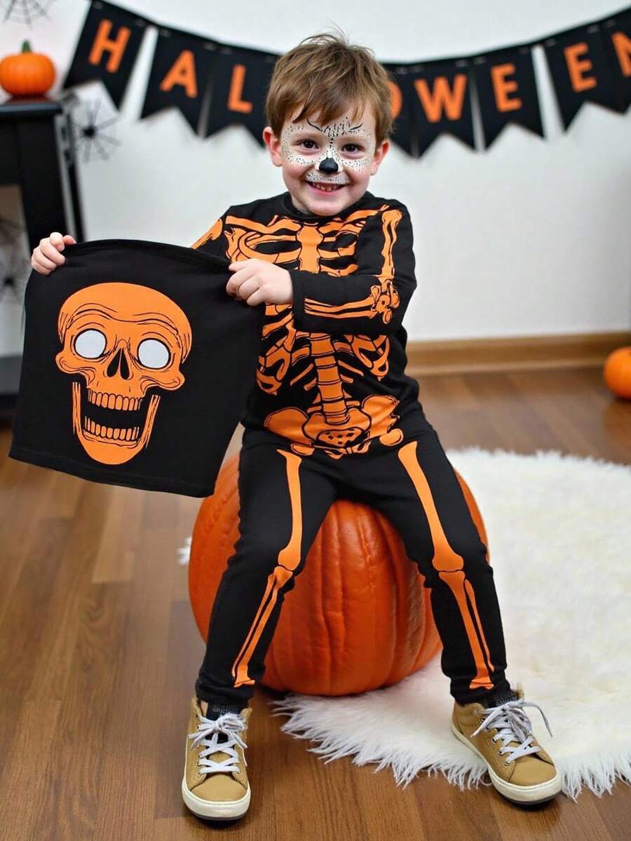 SHEIN Playful Pals 小男孩万圣节夜光印花连体裤 - 橘色 - 查看 1