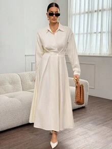 SHEIN Tall 女士米色休闲长腰收腰衬衫裙，优雅百搭，适合聚会、日常穿着和通勤 - 米色 - 查看 6