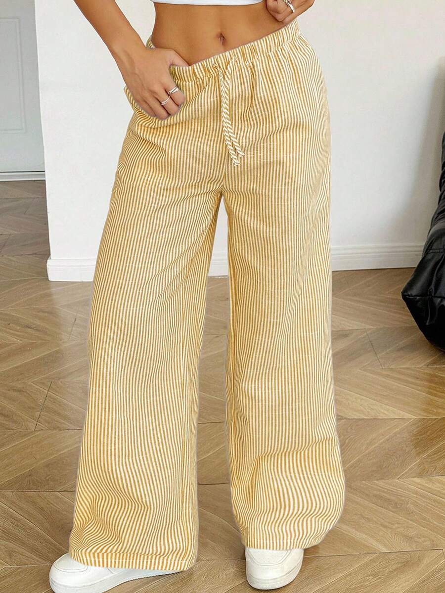 SHEIN 少女蓝白条纹宽松休闲抽绳阔腿裤 - 黃色 - 查看 1