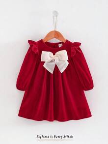 Cozy Pixies Baby Girl Thermal Lined Long Sleeve Dress, Burgundy, Suitable For Autumn/Winter