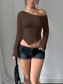 Flirla Áo len dệt kim bó sát hở vai gợi cảm cho nữ, mặc thường ngày, áo dài tay - Màu nâu Sô-cô-la - Xem 5