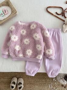 LMoss Kids 2件套女婴花卉针织羊毛圆领运动衫和紧身裤套装 - 彩色 - 查看 2