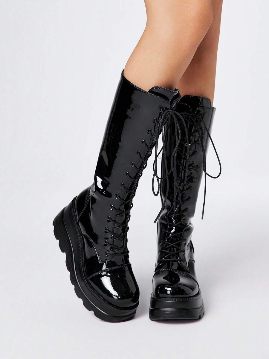 ROMWE Giày bốt cao đến bắp chân Y2K buộc dây phong cách Punk Goth, giày bốt cao gót đế dày có khóa kéo bên hông, giày bốt cao đến bắp chân phong cách Punk Dark Campus thường ngày dành cho nữ - màu đen - Xem 1