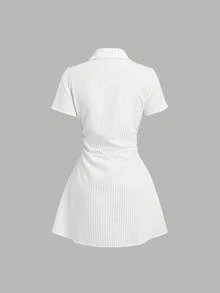 Sweetra Váy sơ mi tay ngắn màu hồng ngọt ngào và tươi mát, váy áo bó eo tôn dáng thời trang cho mùa hè - trắng - Xem 2