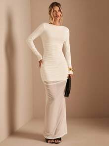 SHEIN BAE Women's Solid Apricot Round Neck Long Sleeve Waist Ruched A-Line Dress, Suitable For Cocktail Parties, Romantic Dates, Autumn/Winter Layering, Gatherings, Formal Events, Night Outings,Wedding Guest Dress For Women, Daily Elegant Outings, Party Dress, Wedding Guest Dress, Christmas Party Dress, Christmas Outfit, Holiday Dress