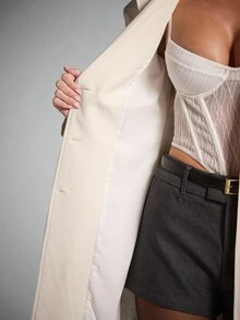 SHEIN BAE Blazer largo de un solo pecho con cintura ceñida de unicolor, blazer largo para mujer, blazer largo elegante, para la oficina, citas de noche en otoño/invierno