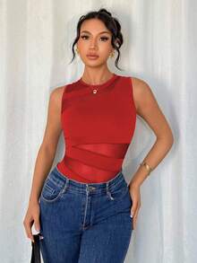 Rafferiza 优雅性感时尚黑色圆领无袖修身不对称几何网眼拼布针织女式紧身衣，春夏 - 紅色 - 查看 5