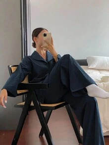 DAZY 简约纯色长袖和长裤宽松睡衣套装，秋季服装