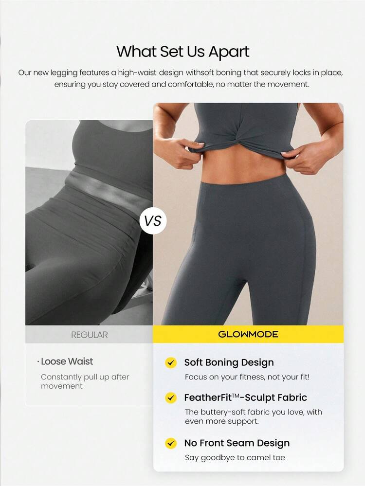 GLOWMODE 24'' CoreHold FeatherFit™-Sculpt CoreHold No Slip Fit Boning Tummy Control No Front Seam Leggings With Side Pockets Medium Impact Workout Jogging Gym Training  Spring Summer - charcoal ash - View 2