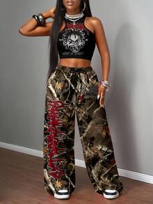 Slaydiva 女士秋装/女士冬装/女装外出上衣/Y2k 服装/街头服饰/2 件套女士休闲街头紧身吊带背心和宽松裤子套装/适合街头风格/适合臀部 - 彩色 - 查看 5