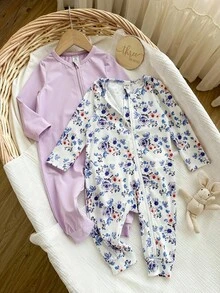 SHEIN 2件套女婴可爱针织粉色爱心图案长袖连体衣套装，适合日常居家穿着，秋冬季家居服套装，连体衣 - 彩色 - 查看 4