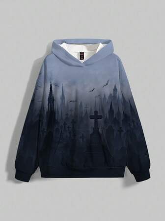 Gothic dunkle Fledermaus Schloss mysteriöse dunkle Allover-Muster locker sitzende Kapuzenpullover Sweatshirt für Frauen, Halloween