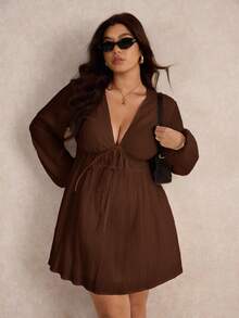 Elaquor Đầm tay đèn lồng cổ chữ V sâu gợi cảm thời trang cỡ lớn - màu nâu - Xem 4