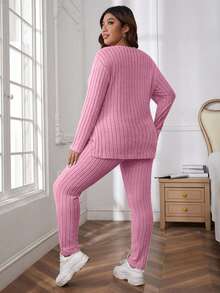 EURMUSE Conjunto de 2 piezas de punto acanalado cómodo de talla grande - Rosa Pálido - Ver 2