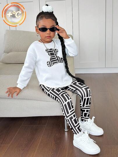 Söt och mångsidig casual set med långärmad topp och byxor för ung flicka, tecknad björnmönster