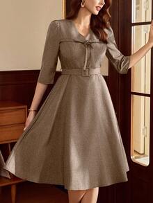 Vintamour Vintage klassisch elegantes Damenkleid, Frühling/Sommer tailliertes Kleid mit Schleifengürtel und 3/4 Ärmeln, marineblau, Herbstkleidung, formelle Kleider für Frauen, braunes Kleid, Business-Lässig-Kleidung für Frauen, Neujahrskleider, Neujahrsbekleidung für Frauen, braunes Kleid - Braun - Übersicht 7