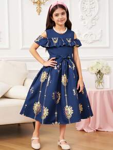 Tween Girl Noble Patterned Fashionable Cold Shoulder Top & Belted Skirt Summer Holiday - Navy Blue - View 6