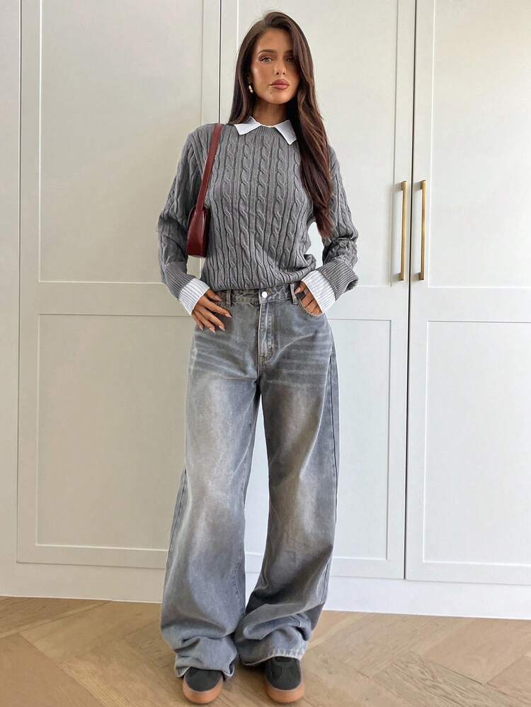 Aloruh 女士秋冬新品学院风麻花灰色扭纹针织宽松圆领毛衣 - 深灰色 - 查看 3