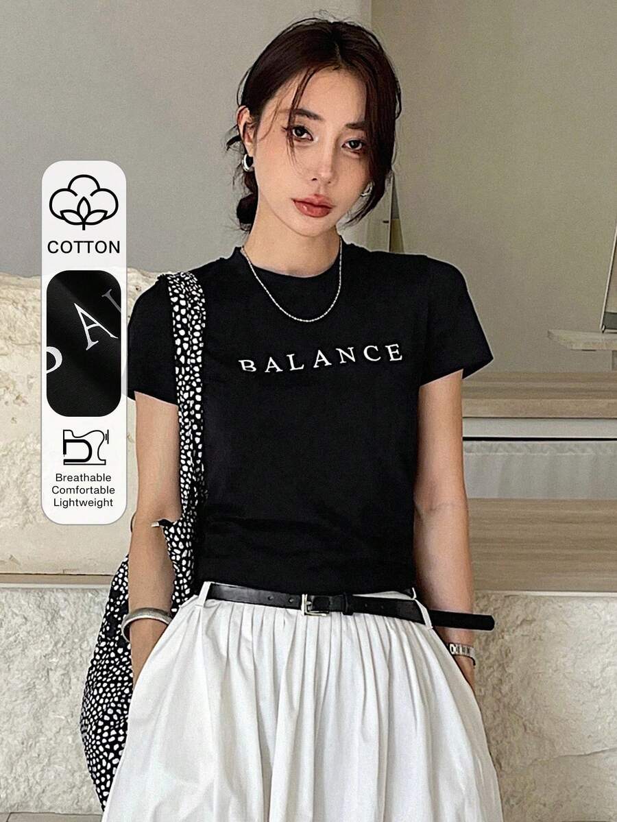 DAZY Áo thun nữ ngắn tay in chữ cho mùa hè - màu đen - Xem 1