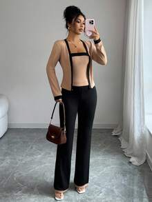 Elenzga Women's Elegant Commuter Contrast Trim Long Sleeve Top & Camisole & Pants Set - Multicolor - View 3