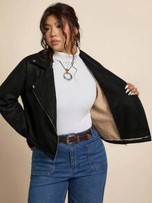 Freevana 加大码休闲纯色翻领夹克，秋季双层羊毛保暖秋冬冬季棉服外套冬季外套，时尚日常穿着，办公室穿着，复古款，日常休闲假日黑色加大码夹克女式夹克超大夹克加大码外套绒面革夹克 - 黑色 - 查看 6