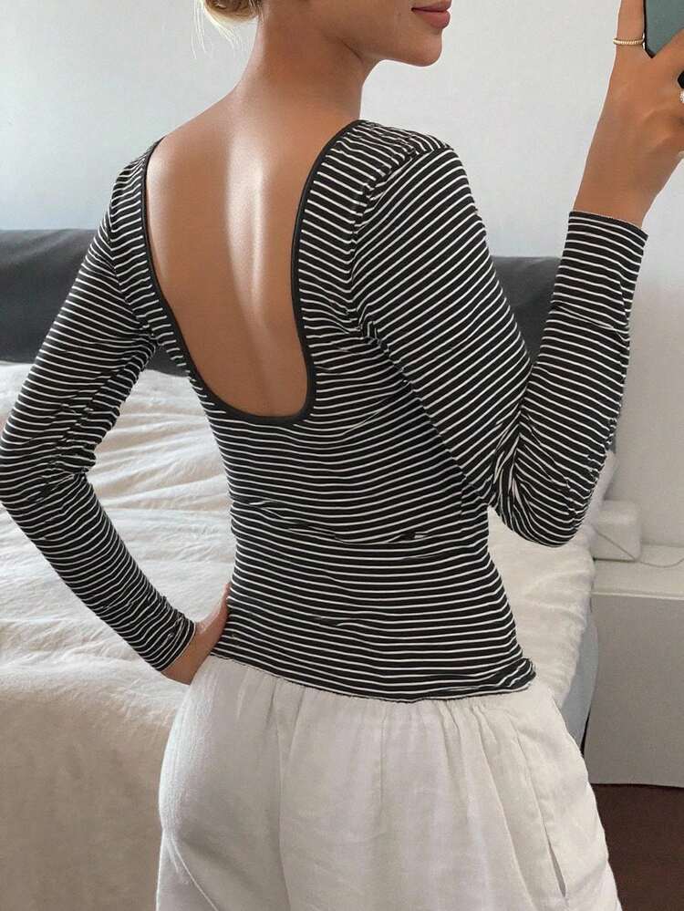 Women's Striped Crew Neck Basic Thermal Lined T-Shirt, Autumn/Winter Long Sleeve Top