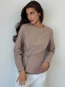 Aloruh Women's Fashionable & Elegant Button-Up Round Neck Long Sleeve Shirt