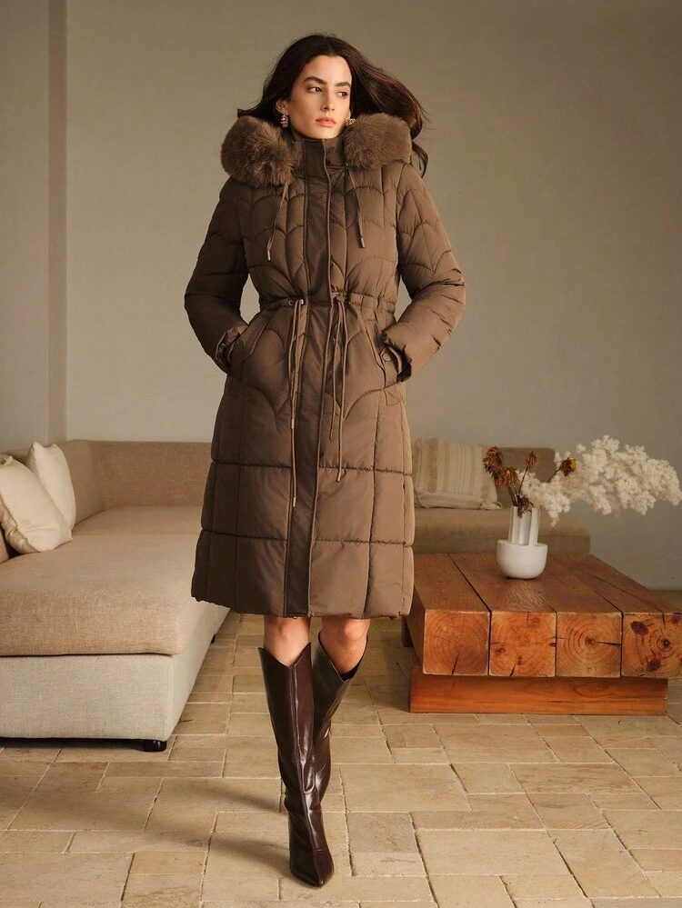 Women's Elegant Coffee-Colored Mid-Length Square Quilted Hooded Fur Collar Cinched Waist Zip-Up Padded Coat