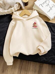 Sudadera con capucha casual y linda para niñas con estampado de corazón y lazo de capibara, para otoño/invierno - Caqui - Ver 2