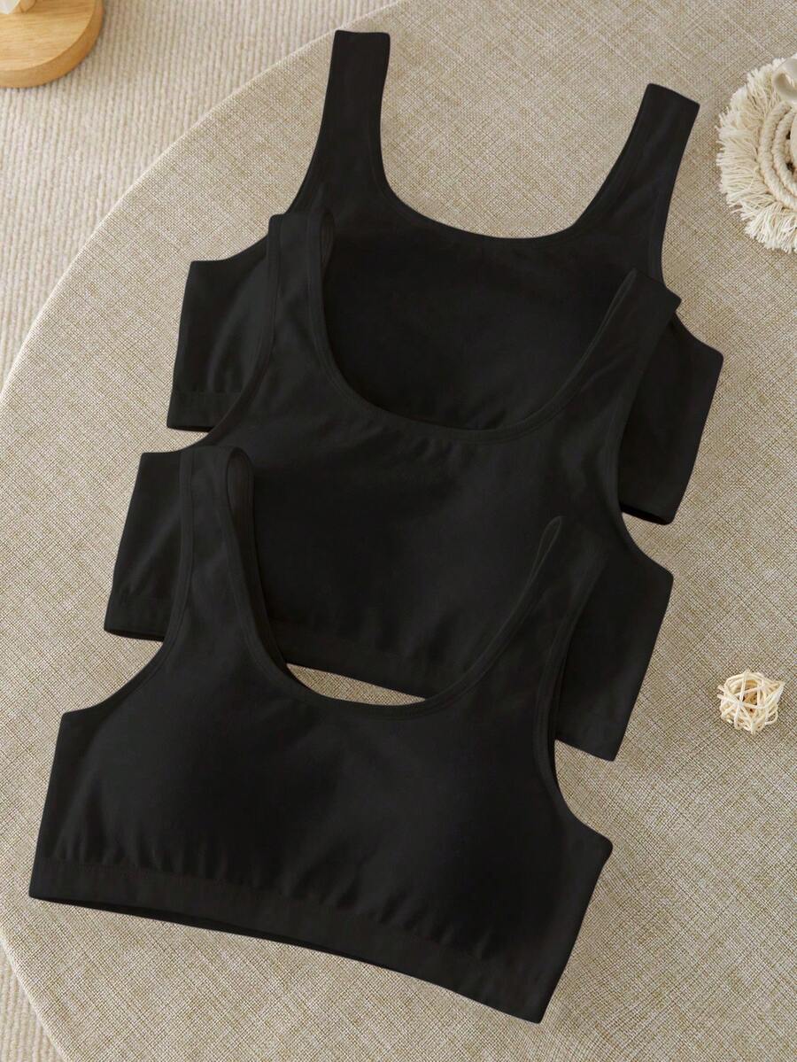 3件套女童纯白色休闲简约棉质软垫文胸套装，秋冬季女童内置文胸背心，3件装可爱黑色上衣 - 黑色 - 查看 1