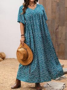 EMERY ROSE Große Größen Kurzarm Lässig Kleid, modisch und geeignet für den täglichen Gebrauch, Frühlingsoutfits für Frauen, Westernmode für Frauen, Tropischer Urlaubskleidung für Frauen - Grün - Übersicht 3